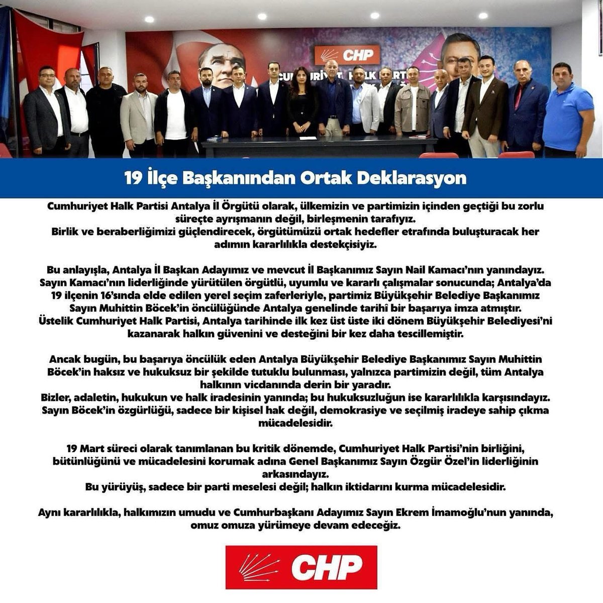 19 İlçe Başkanından Ortak Deklarasyon

Cumhuriyet Halk Partisi Antalya İl Örgütü olarak, ülkemizin ve partimizin içinden geçtiği bu zorlu süreçte ayrışmanın değil, birleşmenin tarafıyız.
Birlik ve beraberliğimizi güçlendirecek, örgütümüzü ortak hedefler etrafında buluşturacak her