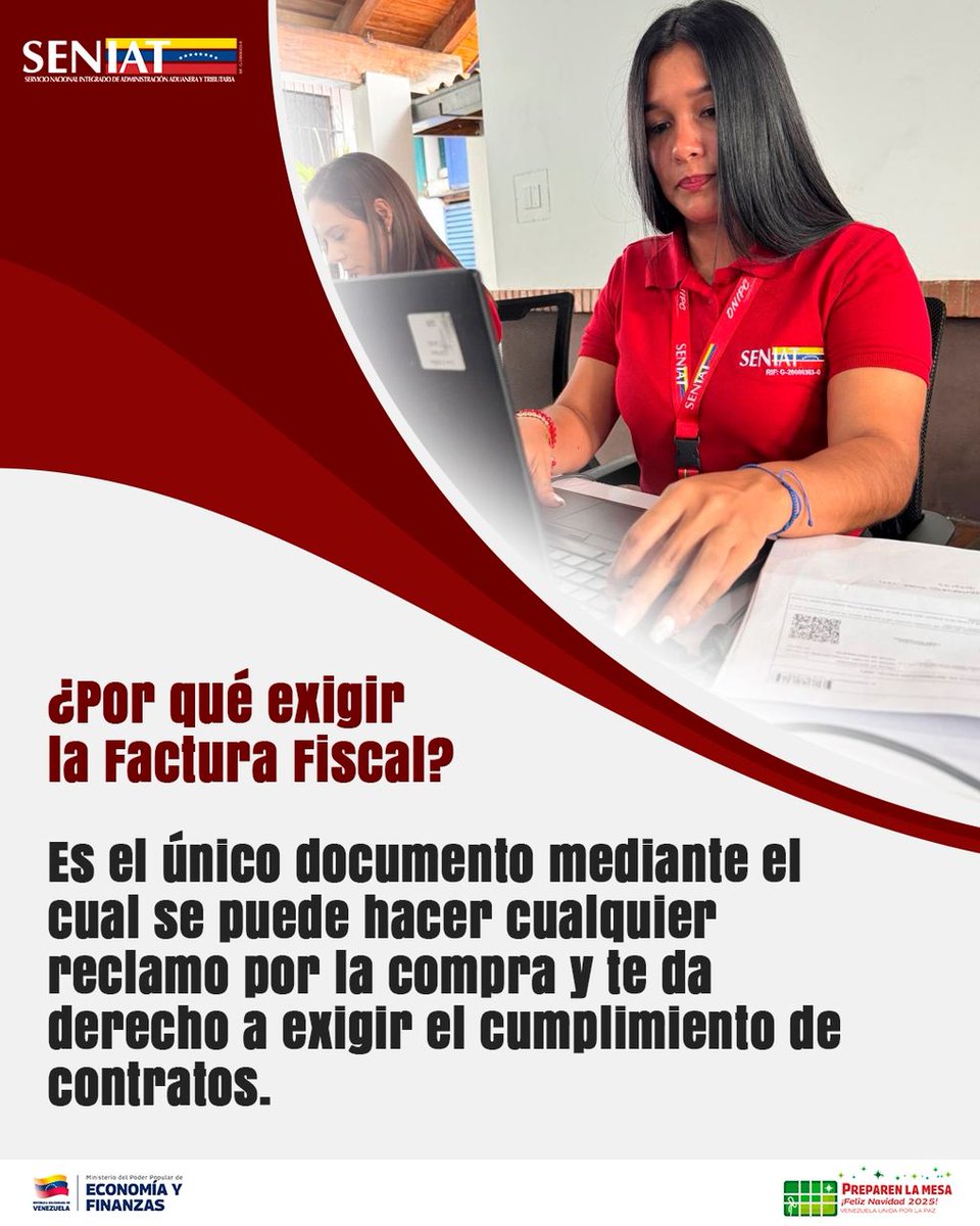 SENIAT_Oficial's tweet photo. Exigir la Factura Fiscal no es solo un trámite, es tu garantía como consumidor. 🇻🇪❤️

 Es el único documento que te permite hacer cualquier reclamo por la compra y te da el poder legal de exigir el cumplimiento de contratos.

#Seniat #ExigeTuFactura #FacturaFiscal https://t.co/LkUH9HIN4L