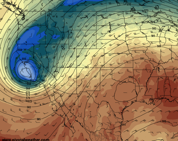 WeatherGraphics's tweet photo. Yesterday's simultaneous 500 mb 594 dam high over Texas and 549 low in California BOTH set all-time 500 mb height records for those areas for the 3-week window of mid October, according to 1979-2009 CFSR climatology. https://t.co/Ookh81FeNo