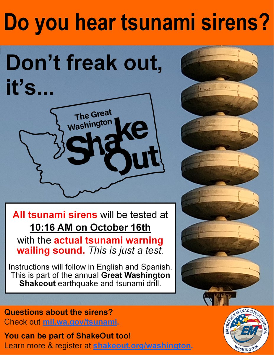 ghcdem's tweet photo. GHC EM: Reminder: Tomorrow October 16th @ 10:16 AM, AHAB sirens in Grays Harbor County will be activated for the Great ShakeOut drill. The activation will feature the actual siren wail not the Westminster Chimes like we are used to hearing. It is only a test. https://t.co/eLfMUQ5ly4