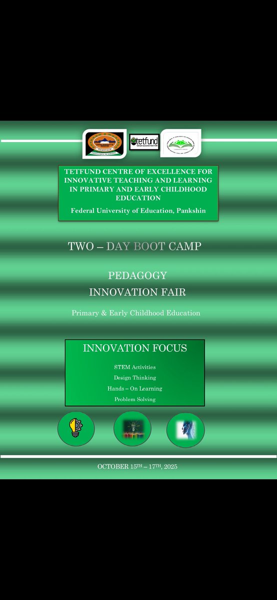 Excited for tomorrow's Innovation Pedagogy Boot Camp at TETFUND Centre of Excellence! Join us to revolutionize teaching &amp; learning. Don't miss out! #TeachingForInnovation #NigeriaInnovates #PedagogyBootCamp2025
#InnovationFUEPPkn