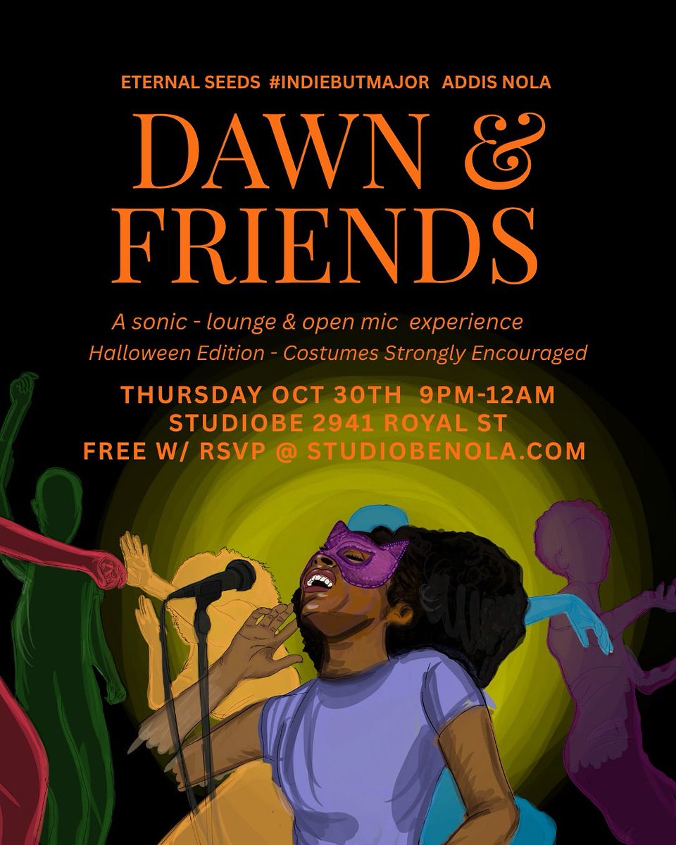 DawnRichard's tweet photo. So Nice we have to do it TWICE 

Dawn & Friends: A Sonic Lounge 

Open Mic Night: Bring your Costumes and Culture. Sign up to get on the mic. Poets, Musicians, singers, rappers, thought leaders, storytellers, and everything else. We had a packed house last time. let’s do it AGAIN 
https://t.co/Uu9mxVQQli