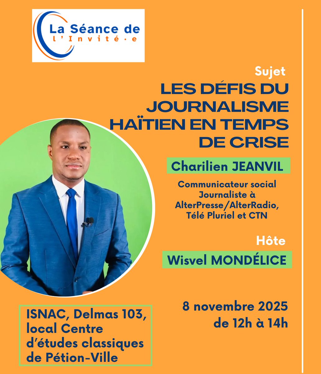 🔵 Dans le cadre de mon cours de Sociologie des médias et du journalisme, j’ai le plaisir d’accueillir M. Charilien Jeanvil dans la rubrique “La Séance de l’Invité·e”.
Mon invité est communicateur social et journaliste à @AlterPresse/AlterRadio, <a href="/TeleplurielH/">TELEPLURIEL HAITI</a> et #CTN.
#SI