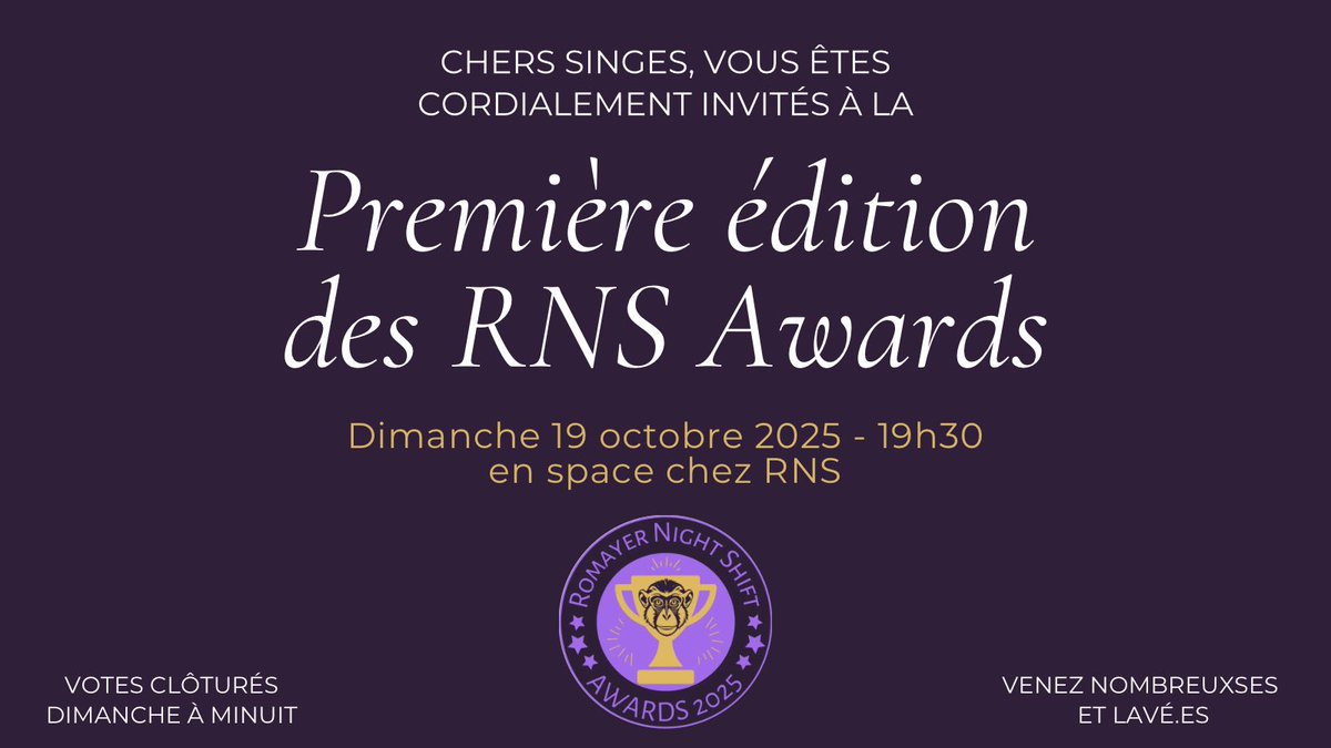 sitc0mdads's tweet photo. chers singes,
c’est avec beaucoup d’émotion que nous vous annonçons la tenue ce dimanche de la 1ere édition des #RNSAwards 🦧🏆

13 catégories. 13 gagnants. et c’est vous qui allez décider de tout ça. ouverture des votes dans quelques instants… https://t.co/4tEhU8mI9o