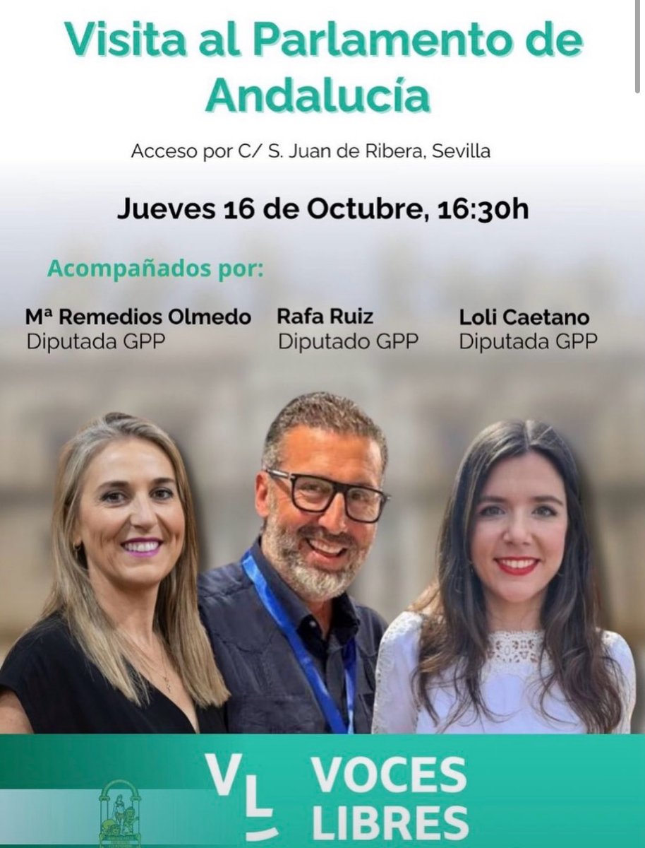 ¡Mañana <a href="/voceslibres_esp/">Voces Libres</a> visita el Parlamento de Andalucía!

Tenemos las plazas casi completas, pero queda una disponible a última hora para que te puedas unir con nosotros y nuestros anfitriones <a href="/rafaruiz07/">Rafa Ruiz</a>, <a href="/MRemeOlmedo/">maria remedios olmedo borrego</a> y <a href="/loli_caetano/">Loli Caetano</a>.

🔗 docs.google.com/forms/d/e/1FAI…