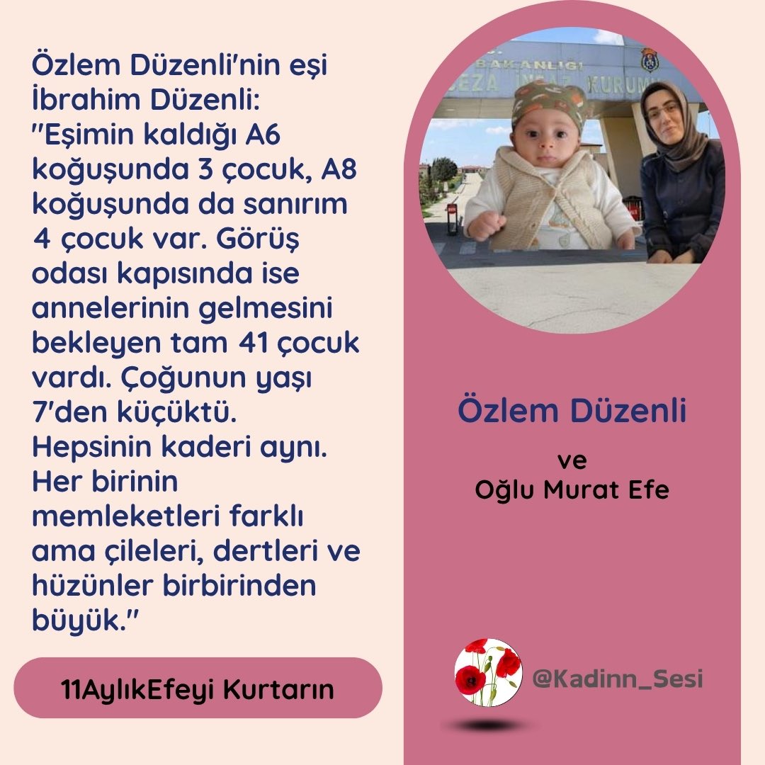 Kadinn_Sesi's tweet photo. Özlem Düzenli'nin eşi İbrahim Düzenli:

"Eşimin kaldığı A6 koğuşunda 3 çocuk, A8 koğuşunda da sanırım 4 çocuk var. Görüş odası kapısında ise annelerinin gelmesini bekleyen tam 41 çocuk vardı. Çoğunun yaşı 7'den küçüktü. Hepsinin kaderi aynı. Her birinin memleketleri farklı ama çileleri, dertleri ve hüzünleri birbirinden büyük."

Hukuksuzlukların en sessiz, minik tanıkları tutsak bebekler için adalet istiyoruz!

11AylıkEfeyi Kurtarın
@yesimsalkim 
#KadınınSesi