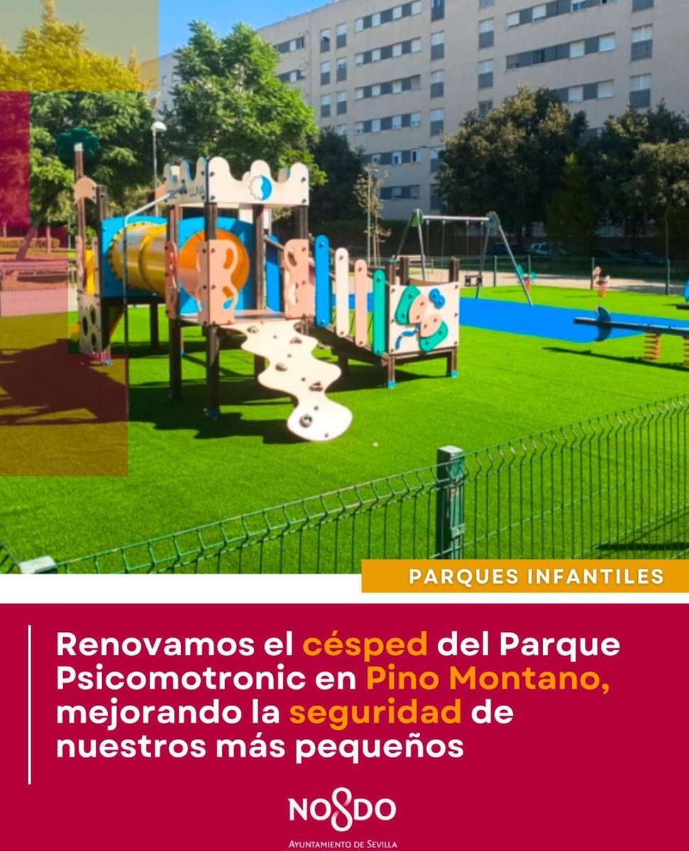 ✅Renovamos el césped del parque “Psicomotronic” en Pino Montano. 

👦🏻👧🏼Mejoramos la seguridad y accesibilidad de nuestros más pequeños.

#SevillaEstáEnMarcha