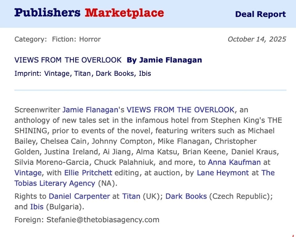 Overlook's tweet image. VIEWS FROM THE OVERLOOK 
is the new anthology coming from Jamie Flanagan and a bevy of writers with brand new tales!
More info to come!