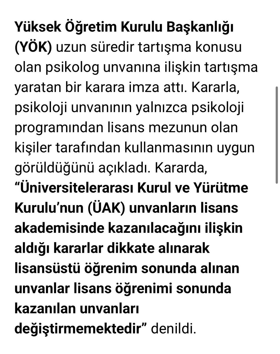 psikoacademic's tweet photo. Çok önemli:
2022 yılında YÖK, psikolog unvanının yalnızca lisans düzeyinde psikoloji eğitimi almış olanlara ait olacağı yönünde bir karar yayınladı. “Lisansüstü öğrenim sonunda alınan unvanların lisans öğrenimi sonunda kazanılan unvanı değiştirmediği” ifadesi bu kararda yer aldı. https://t.co/B2NO5NI5kX