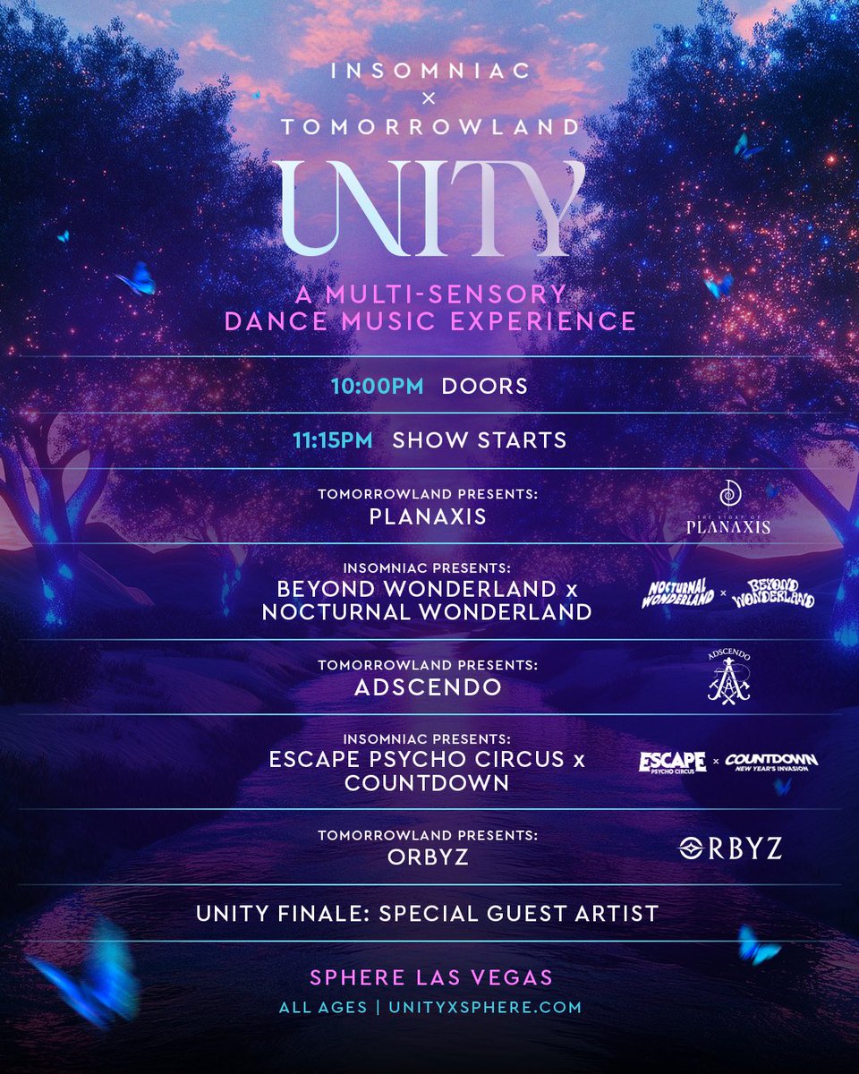 UnityxSphere's tweet image. It’s the final week of UNITY! 😱✨ Two more nights to experience this multi-sensory dance experience at @SphereVegas! This is your last chance to unite with us and journey through the worlds of @insomniacevents X @tomorrowland. Complete this historic chapter with us! 💫