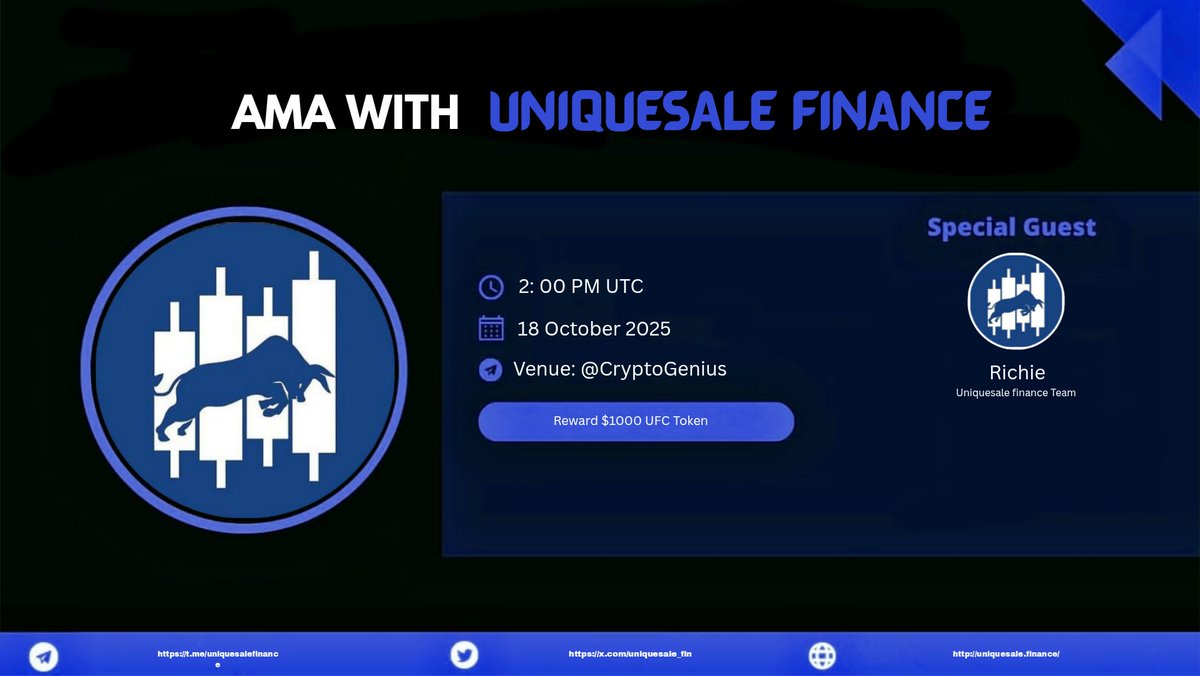 Crypto_Genius09's tweet image. Join us for the #TextAMA with @uniquesale_fin on 18 October 2 PM UTC.

🎁Reward: $1000 UFC Token&apos;s 
🏛️AMA Room: t.me/cryptoGenius09

Rules:
☑️Follow @uniquesale_fin &amp;amp; @Crypto_Genius09
☑️Like, Retweet &amp;amp; Comment Questions (Max 3)