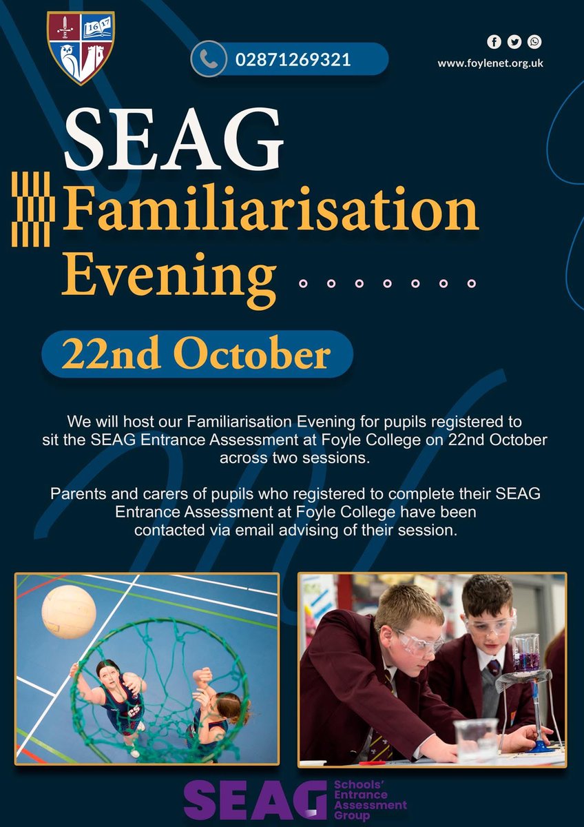 📣 Primary 7 Pupils’ Parents and Carers 📣

Please refer to the infographic for information regarding our SEAG Familiarisation Evening, when we welcome your children into our school!

#thefutureisfoyle 💫
