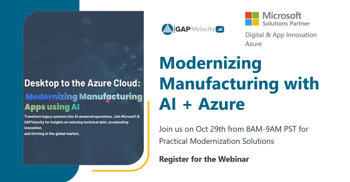 GAPVelocityAI's tweet image. 📢@Microsoft + GAP are hosting a can’t-miss webinar for manufacturers. Migrate legacy desktop apps to Azure, unlock day-one wins with PowerBI &amp;amp; prep the factory floor for Copilot. 
📅 Oct 29, 8am PT / 11am ET. 
Register: bit.ly/48eEUrt #AI #Azure
cc: @MicrosoftGTM