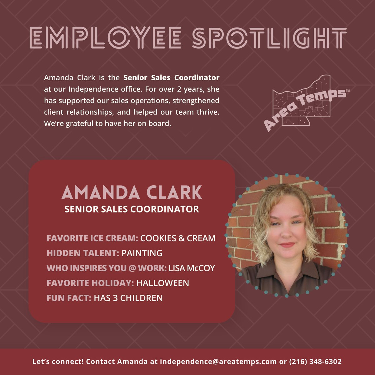 AreaTemps's tweet image. Meet Amanda Clark, Senior Sales Coordinator at our Independence office. Amanda plays a key role in supporting sales efforts, building strong client relationships, and helping our team succeed. She is an invaluable part of our office.

#NowHiring #AreaTemps #StaffingSolutions