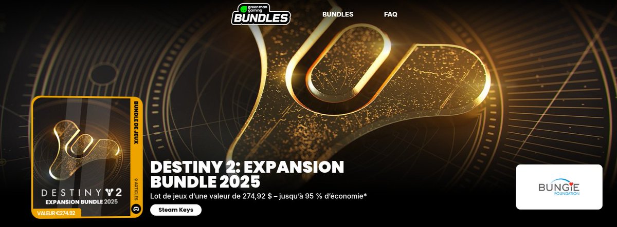 Pour mes "amis" français mais aussi worldwide.
L'intégrale de Destiny 2 avec le pass annuel de la dernière extension inclus pour 35€.
Client steam seulement.
greenmangamingbundles.com/fr-fr/bundles/…

cc : <a href="/merj1gaming/">Germain "merj1" Lacombe</a> <a href="/TamaUsagi6/">Tama-Usagi</a> pour vos communautés si besoin.
