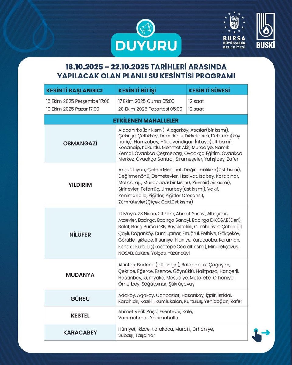 Yeni su kesintisi tarihleri açıklandı...

BUSKİ tarafından 16 Ekim-22 Ekim tarihleri arasında yapılacak yeni su kesintilerinin tarihleri belli oldu.

#bursa #buski #su #bursabüyükşehirbelediyesi #sukesintisi #kuraklık #sukesintileri