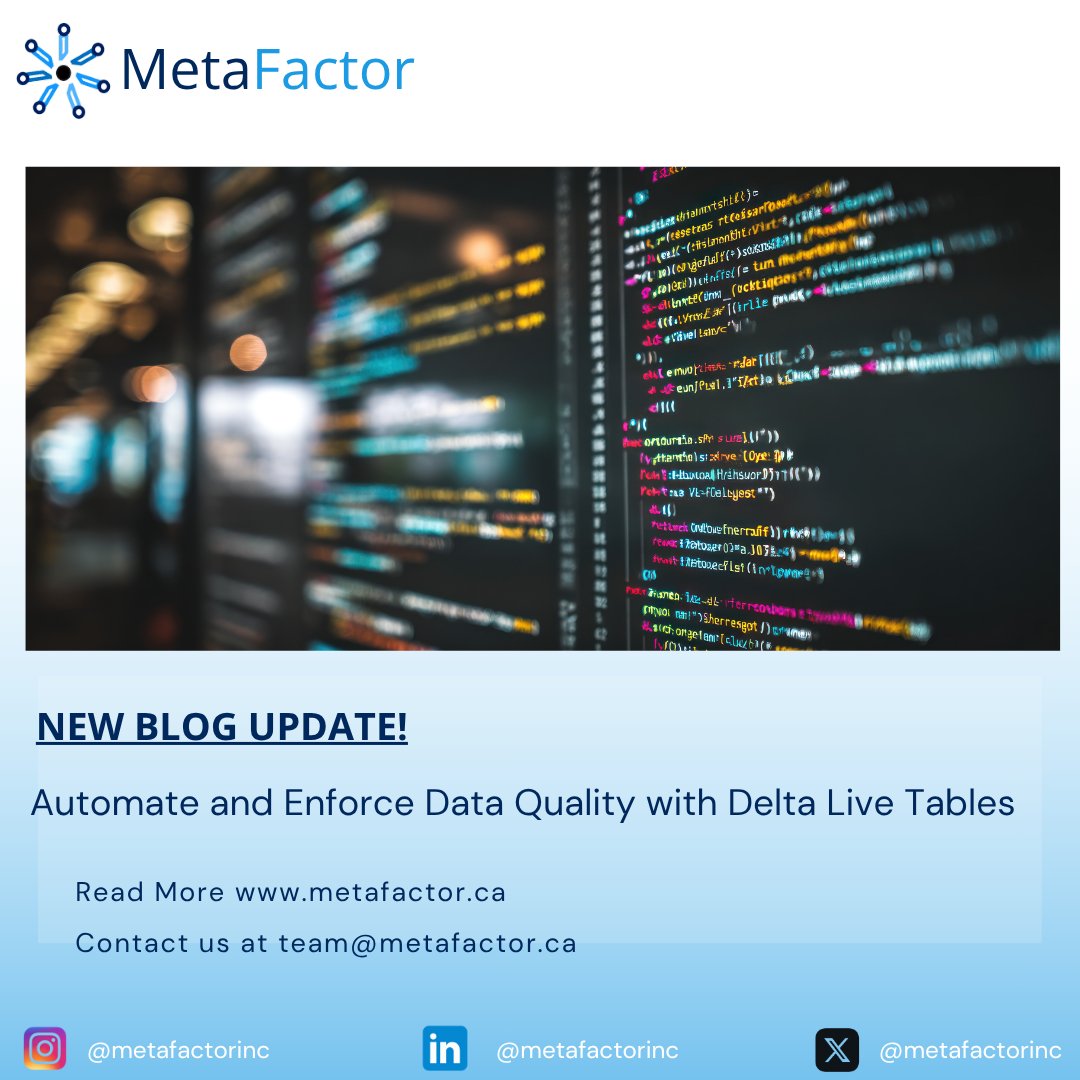 Metafactorinc's tweet photo. In our new post, we show how Databricks Delta Live Tables enforces data quality with declarative pipelines, built-in expectations, unified streaming + batch, and clear lineage across Bronze→Silver→Gold—tailored for Oil &amp; Gas operations.
 
Read the blog: https://t.co/yJ8ueEHO6p https://t.co/Q8AEJH3WWB