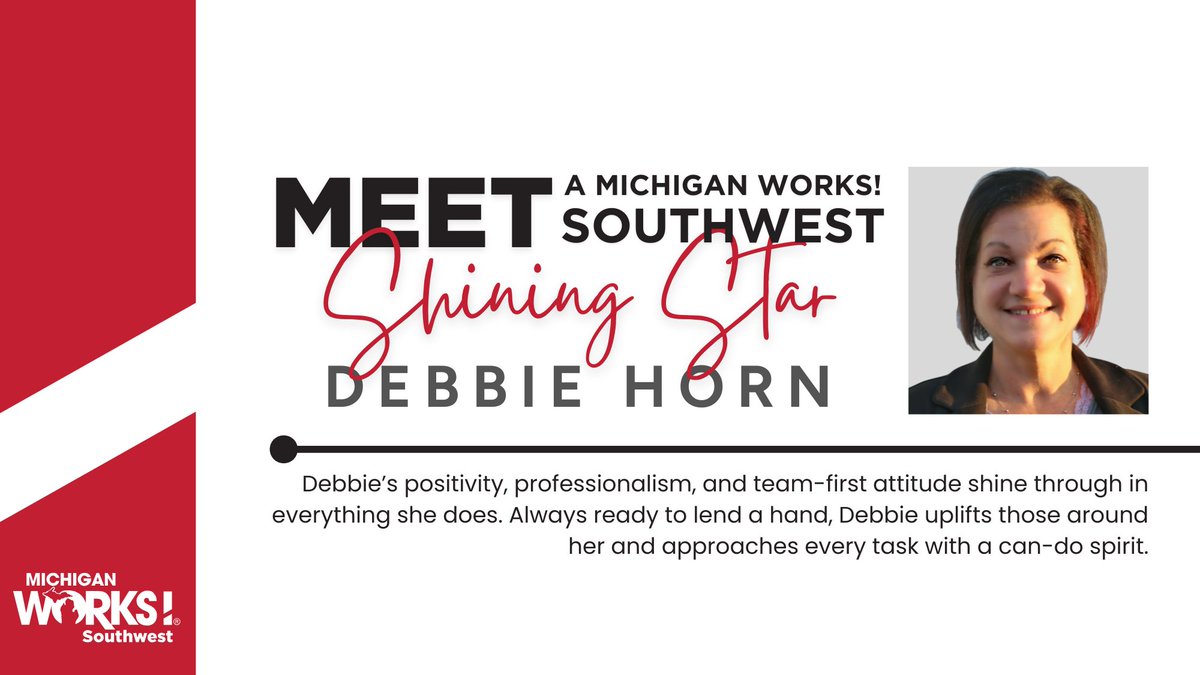 🌟 Congrats to our September #ShiningStar, Debbie Horn! 🌟
Her positivity, professionalism &amp; team-first attitude make her a true standout. From supporting the WDB to helping at job seeker events, Debbie leads with dedication, collaboration &amp; heart. 💫 #MWSW #EmployeeSpotlight