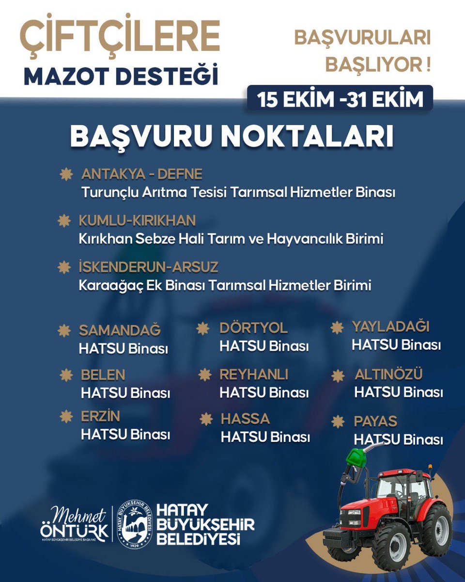 💚 Hatay’ımız tarımla ayağa kalkıyor.

Çiftçilerimize yönelik mazot desteği başvurularımız başladı.

📅 Başvuru Tarihleri: 15 – 31 Ekim

🌐 Detaylı bilgi ve başvuru adresleri: hatay.bel.tr