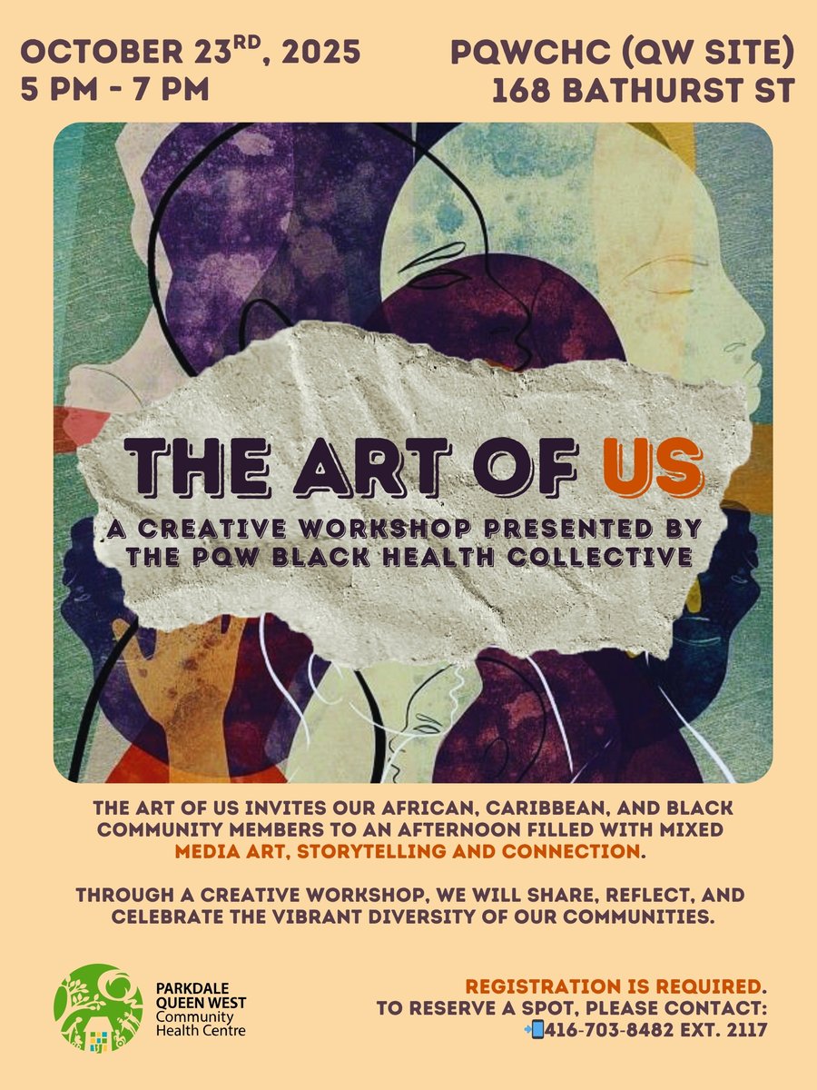 Join #PQWCHC Black Health Collective for an arts-based workshop for African, Caribbean &amp; Black (ACB) community members. 
October 23 at 5PM
168 Bathurst Street (QW Site)
416‑703‑8482 ext. 2117 to register
For info ow.ly/6jGc50Xc0iG
#BlackHealth #AfricanCaribbeanBlack