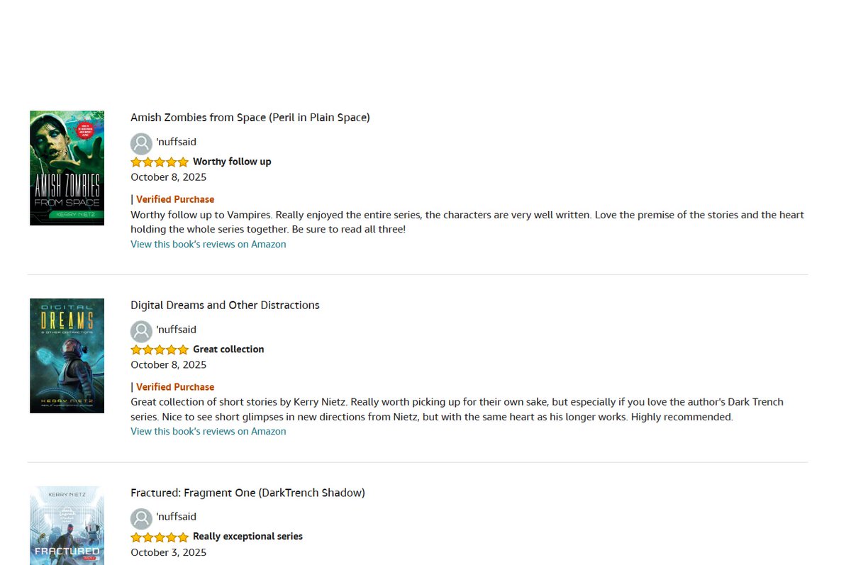 Nice to see this burst of positive reviews from reader 'nuffsaid. Glad you enjoyed them!

(The request for hard cover versions is noted.)