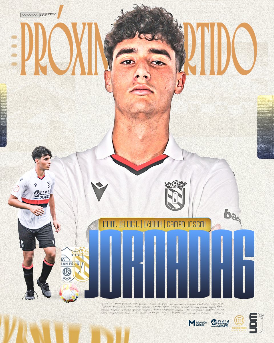 Cantera Unión Deportiva Melilla (@canteraudm) on Twitter photo 𝗣𝗥𝗢́𝗫𝗜𝗠𝗢 𝗣𝗔𝗥𝗧𝗜𝗗𝗢 🔜⚔️
🏆#juvenilDH Gr. IV | Jor. 6
🆚<a href="/cd_sanfelix/">Club Deportivo San Félix</a>
📅 domingo 19 de octubre
🏟️Campo Josemi - Ciudad de Torremolinos
⏰17:00h
¡𝐕𝐚𝐦𝐨𝐬, 𝐌𝐞𝐥𝐢𝐥𝐥𝐚! Ⓜ️💙
#HacemosCantera #SanFelixMelillaDH 𝗣𝗥𝗢́𝗫𝗜𝗠𝗢 𝗣𝗔𝗥𝗧𝗜𝗗𝗢 🔜⚔️
🏆#juvenilDH Gr. IV | Jor. 6
🆚<a href="/cd_sanfelix/">Club Deportivo San Félix</a>
📅 domingo 19 de octubre
🏟️Campo Josemi - Ciudad de Torremolinos
⏰17:00h
¡𝐕𝐚𝐦𝐨𝐬, 𝐌𝐞𝐥𝐢𝐥𝐥𝐚! Ⓜ️💙
#HacemosCantera #SanFelixMelillaDH