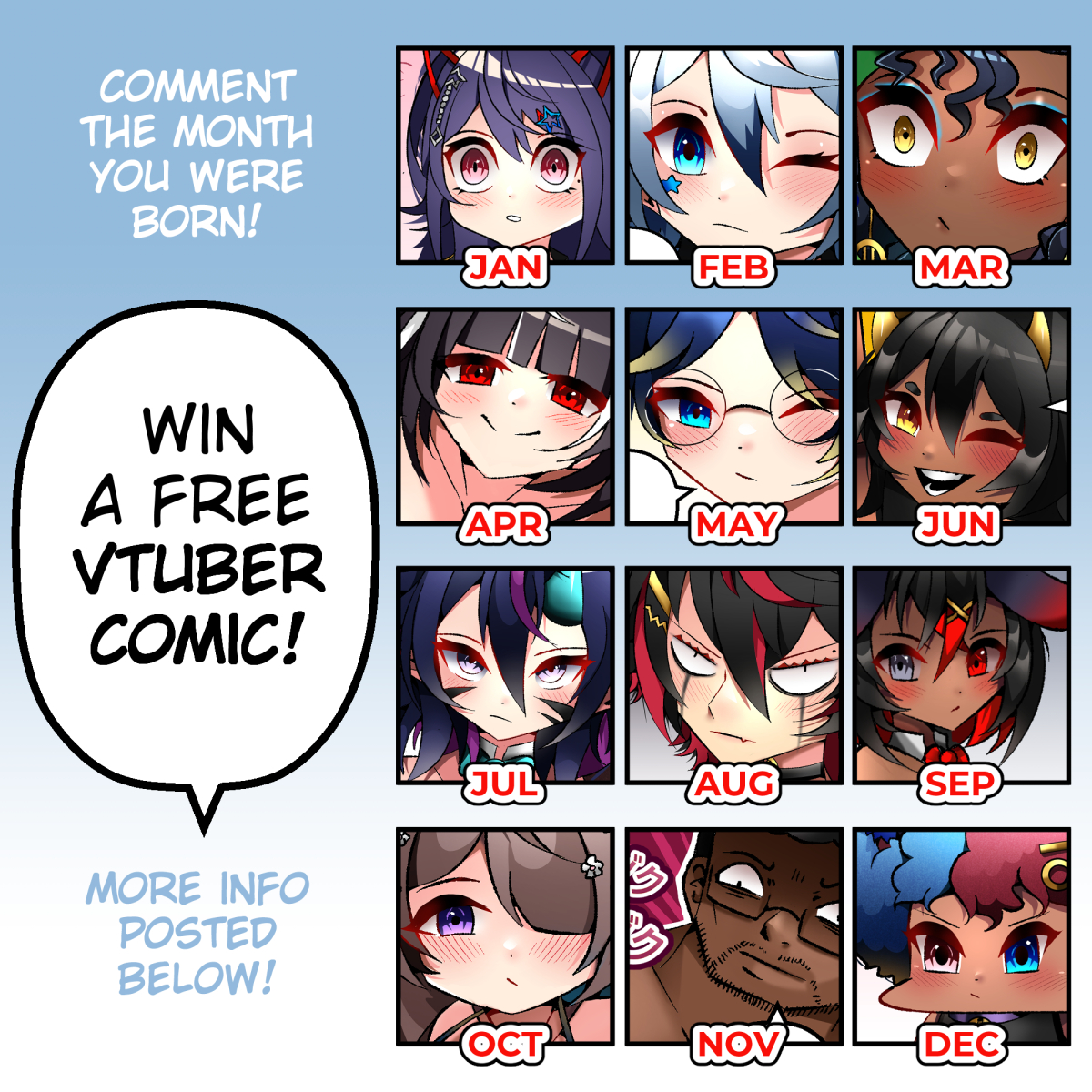VTuberComics's tweet image. 📅 Comment the month you were born!📅
For a chance to win a FREE VTuber Comic!

⏱️ Art Raffle Winner selected in 24 hours!