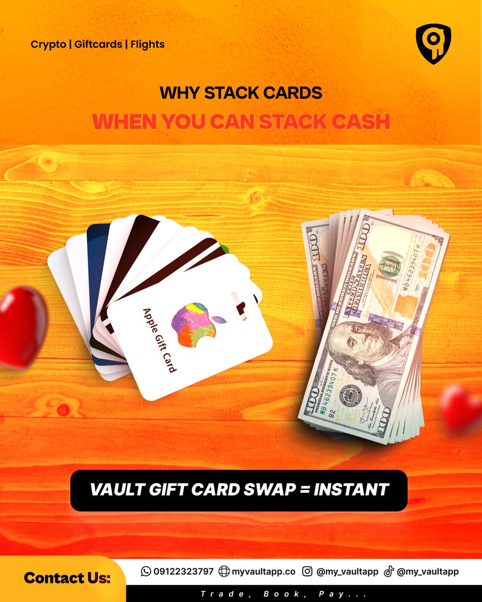 My_VaultApp's tweet image. Stack your wealth. Don’t let it fade.
🎁 Gift cards lose value, but 💵 cash always wins.
⚡ VaultApp makes every swap fast, easy, and stress-free.
🚀 Turn what you already have into real money.
Trade without delays with vault. 🔐

#VaultApp #GiftCardSwap