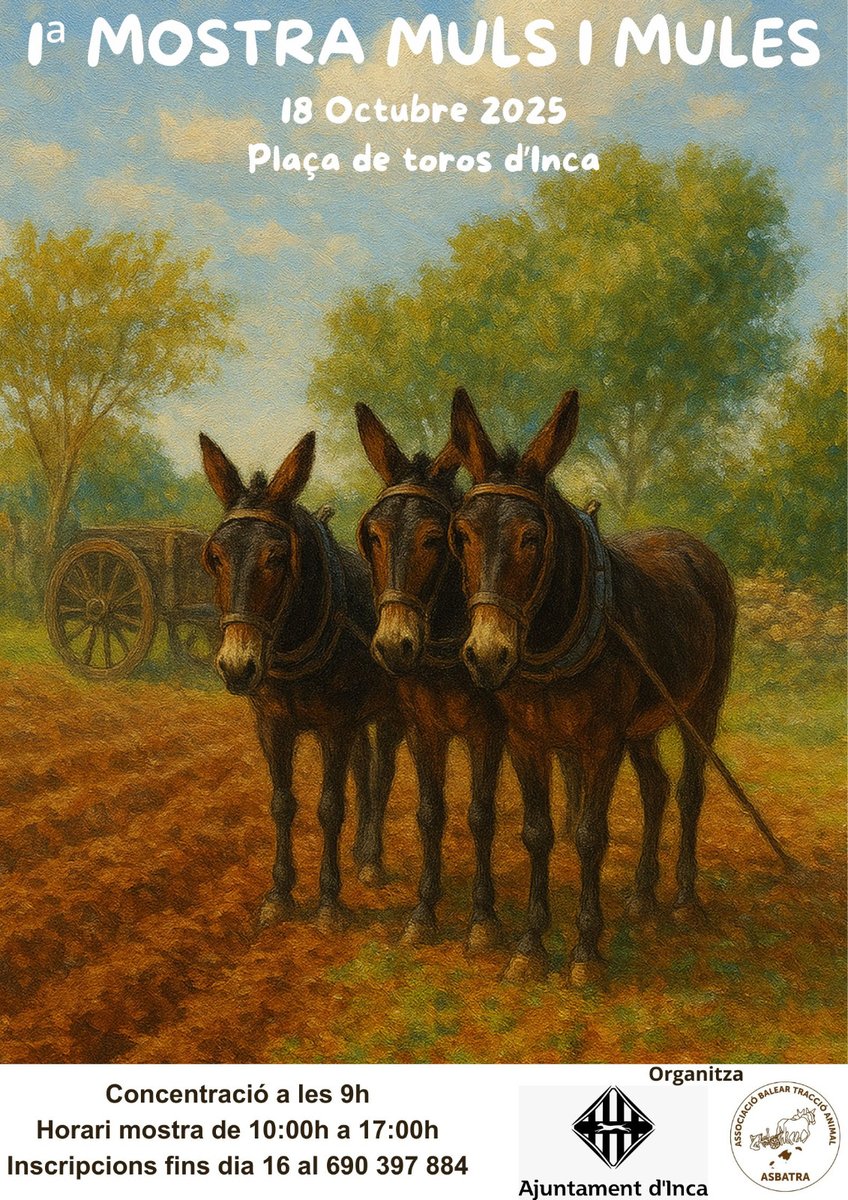 🐴 Aquest dijous 16 és el darrer dia per inscriure’s a la 1a Mostra de Muls i Mules!
📍 Dissabte, a la plaça de toros d’Inca, dins la #FiraDeLaTerra.
Una trobada amb tradició, força i molta estima pel món rural! 🌾💚
#FiresInca2025 <a href="/incaciutat/">Ajuntament d’Inca</a> <a href="/dijousbo/">Fires Inca 2025</a>