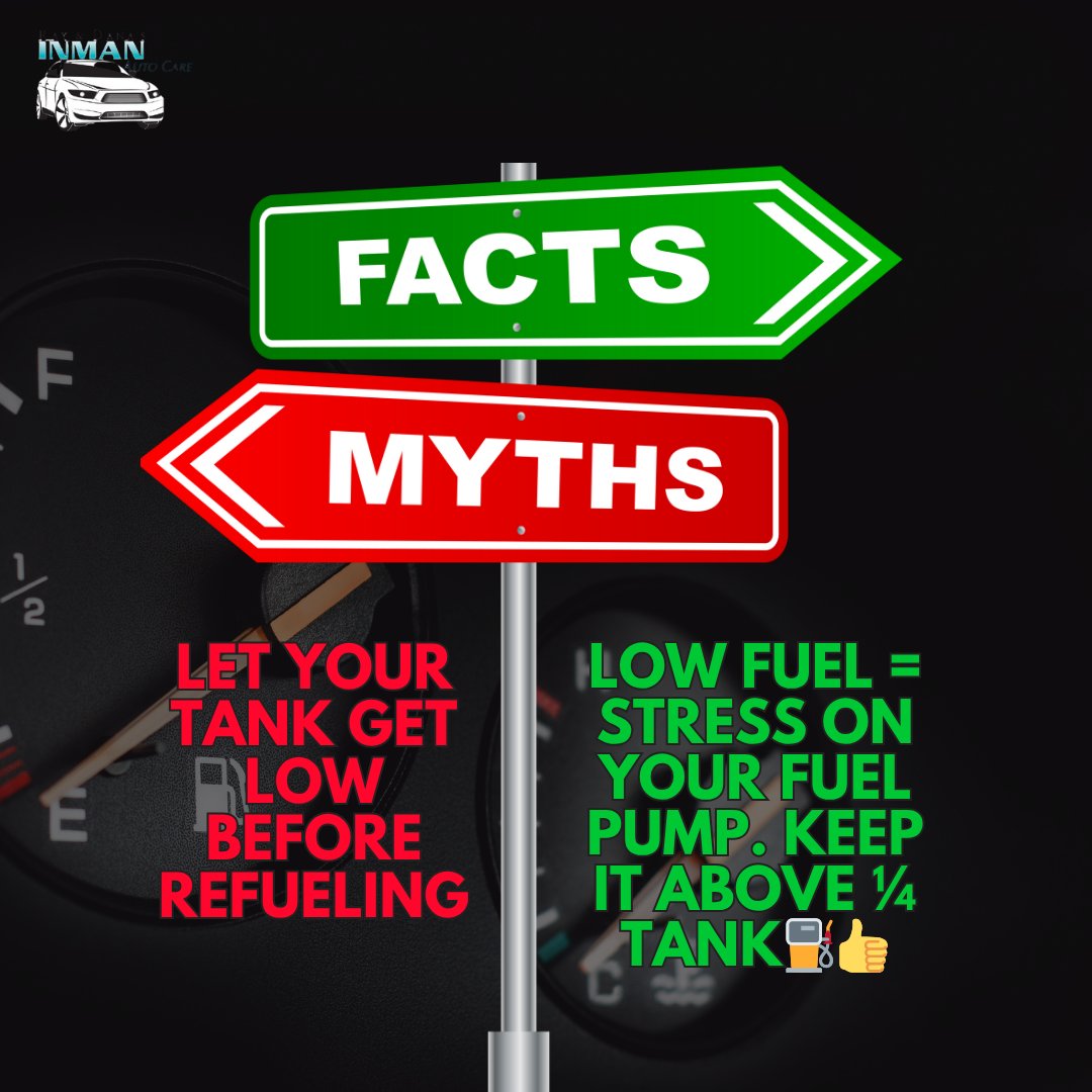 InmanAuto's tweet image. ⛽ Myth: “It’s fine to let my tank run low before refueling.”
🚫 Truth: Low fuel = stress on your fuel pump + debris in your system. Keep it above ¼ tank! 👍
Be honest… who else drives on “E”? 😅
#CarCareTips #AutoFacts #InmanAutoCare #FuelPump #CarMaintenance #ColoniaNJ