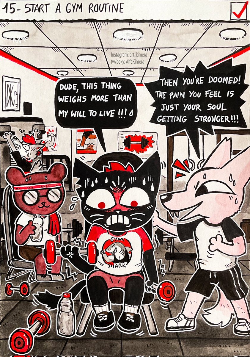 AlfaKimera's tweet image. #Maetober2025 day 15: Gym
&quot;Start a gym routine (Idk if I like Gregg as my personal trainer...&quot;) 🏋️‍♀️💦

#nitw #nightinthewoods #maetober #drawtober #art #furryart #furry