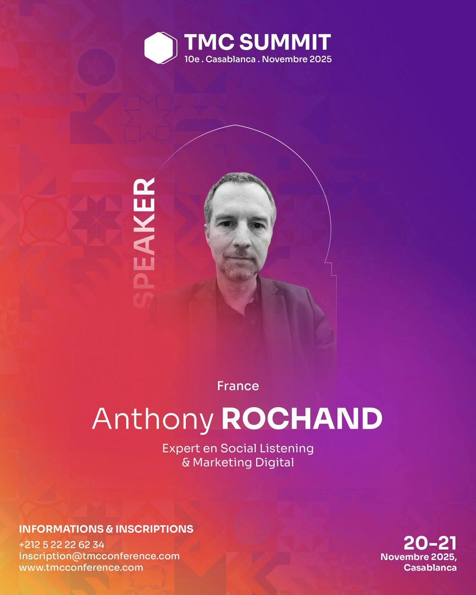 AnthonyRochand's tweet image. Save the date 21/11/2025 à Casablanca pour le TMC Summit !
RDV pour ma keynote "Quand l’IA révolutionne le Social Listening : du bruit digital à l’influence stratégique"🎙️
#AI #SocialIntelligence