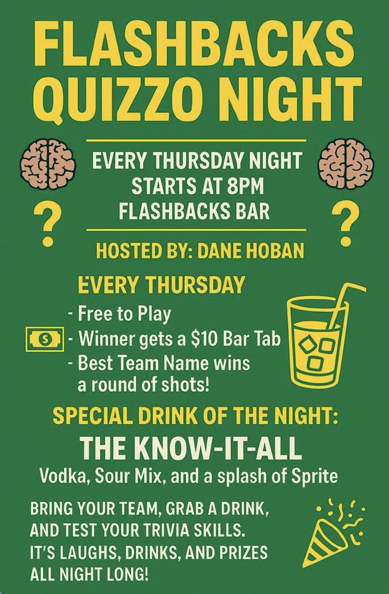 DelcoDane's tweet photo. Quizzo is back at Flashbacks!
We’re resuming the fun this Thursday, October 16th at 8 PM.
Bring your team, grab a drink, and test your trivia skills — laughs, prizes, and good vibes all night long. 🍻🧠 https://t.co/bzBrO4Vm4i