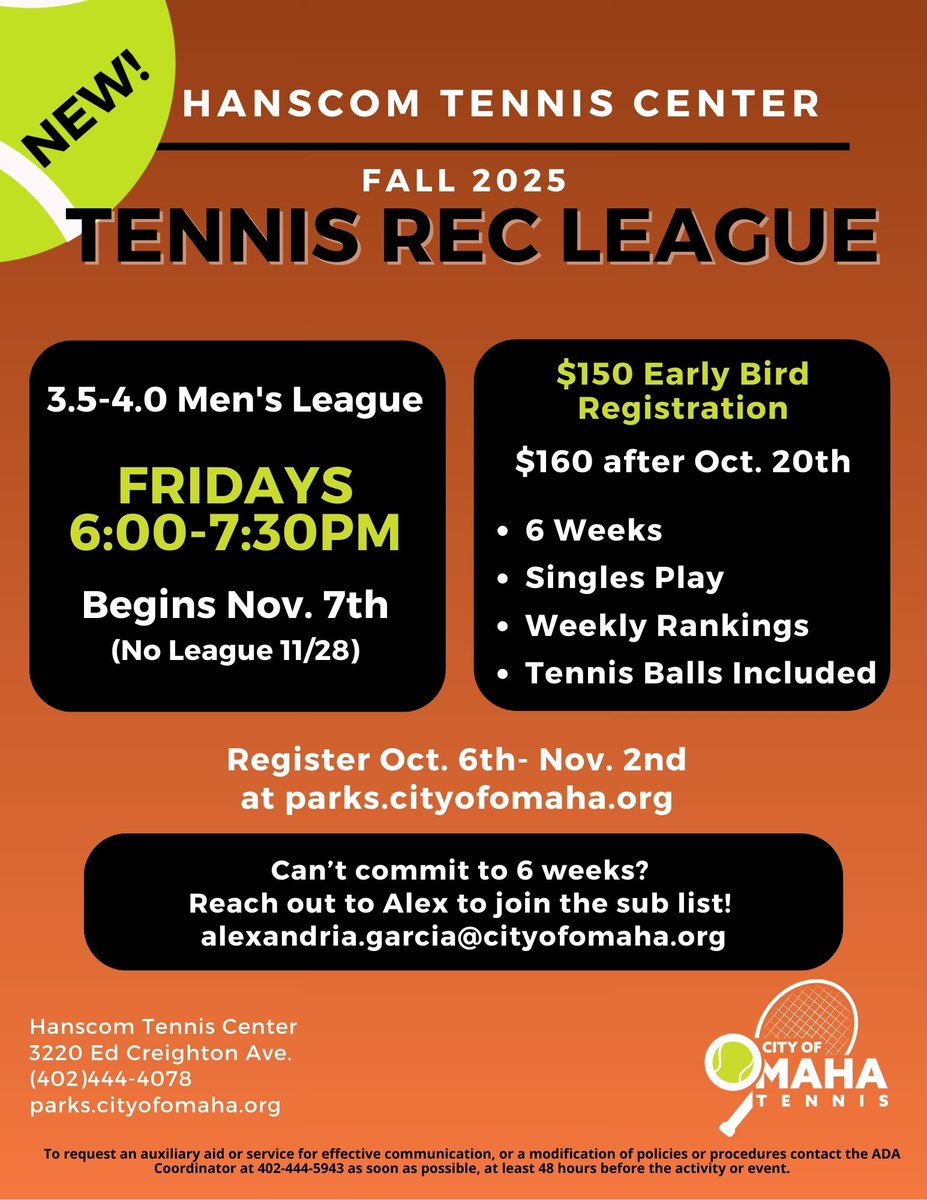 Sign up for our NEW Fall Men's Tennis Rec League before the registration fee increases on the 20th! 🎾

📅 Fridays, starting Nov. 7th
🕕 6:00-7:30pm
📍 Hanscom Indoor Tennis Center
💲 $150/person

Register here: ow.ly/zYee50X9YlV