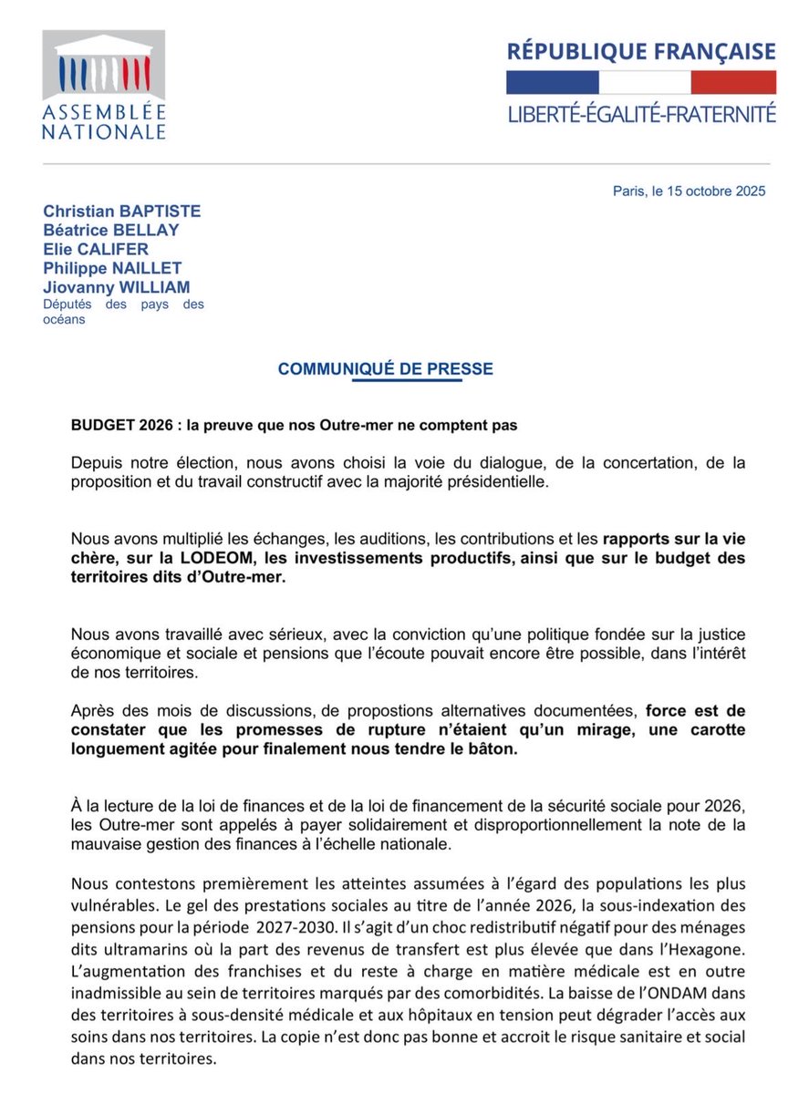 🇫🇷 Les députés Béatrice Bellay, Christian Baptiste, Elie Califer, Philippe Naillet et Jovanny William annoncent qu’ils voteront la censure du gouvernement Lecornu ce jeudi.

Ils dénoncent un budget 2026 jugé injuste envers les Outre-mer : gel des prestations, sous-indexation des