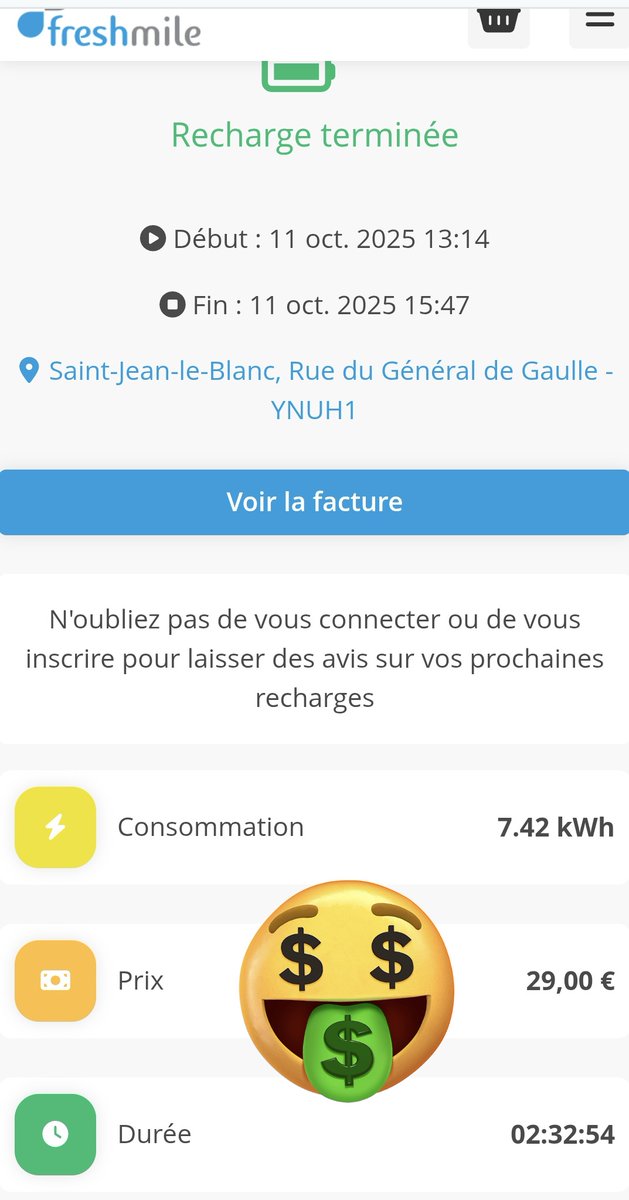 sclesbarres's tweet photo. 25 € de "pénalités" car la charge de mon véhicule a dépassé 2h ! Bienvenue à @metro_orleans. 
Au final, 2h33 de charge, 7,42 kwh soit 4 €, facture de 29 € 💶💶💶, de quoi faire environ 50 km 😭.
#transitioncarbone #Mobility
#ElectricVehicles @leloiret @RCValdeLoire https://t.co/0qiqPVIewY