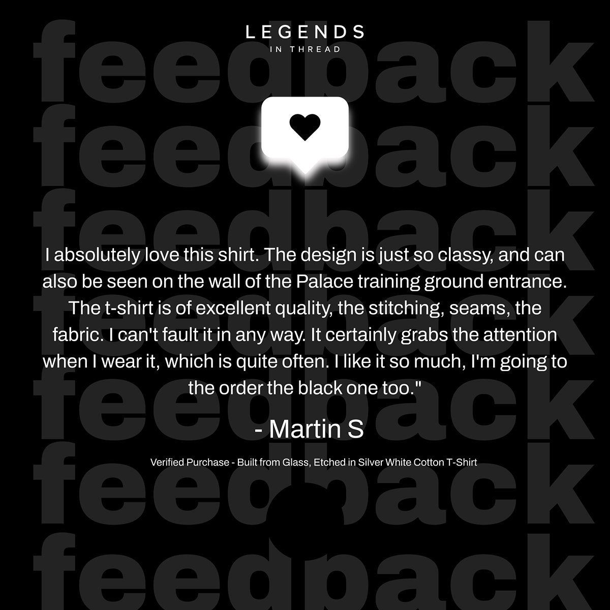 LegendsInThread's tweet image. We’re nothing without the fans who wear our work.

Massive thank you to Martin for the kind words and support, it keeps me creating 👊

Fancy treating yourself? legendsinthread.com

#LegendsInThread #FeedbackIsAGift #CPFC