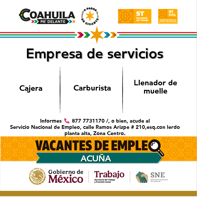 SNEACUNA's tweet photo. 📢Vacantes de empleo en #RegiónNorte  💼🔎 
#Acuña

📌 Servicio de Empleo Coahuila #Acuña
 📍  Dirección: Ramos Arizpe N° 210 Planta alta Esq. con Lerdo, Zona Centro
 📞 Informes: 877 7731170 Contáctanos hoy mismo.  🙌

#CoahuilaPaDelante #APasosDeGigante #SNEparaTodos https://t.co/7z1VfaI402