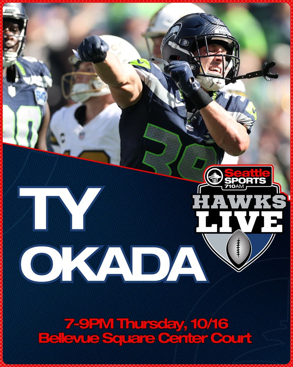 SeattleSports's tweet photo. #HawksLive returns Thursday night (10/16) with #Seahawks safety Ty Okada @ Bellevue Square Center Court! 🏈

Join hosts @michaelbumpus5 &amp; @paulmoyer21 LIVE from 7-9pm presented by @BelleCollection. https://t.co/57B7fa4LHm