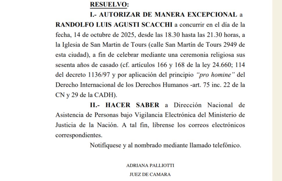 Pero qué señora más empática la jueza Adriana Palliotti: habilitó al represor de la ESMA Randolfo Agustín Scacchi a romper su arresto domiciliario para celebrar sus 60 años de casado. Ni sé le pasó por la cabeza consultar a quienes sufrieron su brutalidad en la última dictadura.