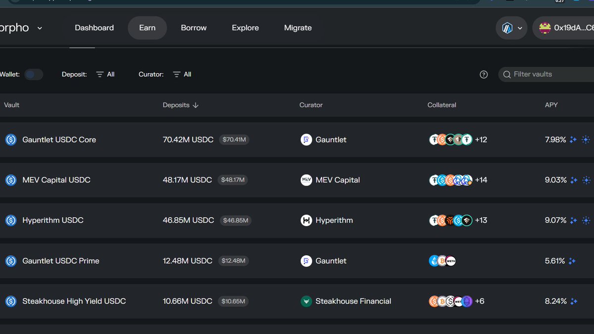 vasuxbt's tweet photo. Stablecoins farms on arbitrum

I think it’s the best time to farm stablecoin rn with arbitrum drip incentives epoch 4

9% APY on usdc @eulerfinance

8–9% APY on usdc @MorphoLabs

7–9% APY on usdc, usdt, $gho @0xfluid https://t.co/4APR6tsKni
