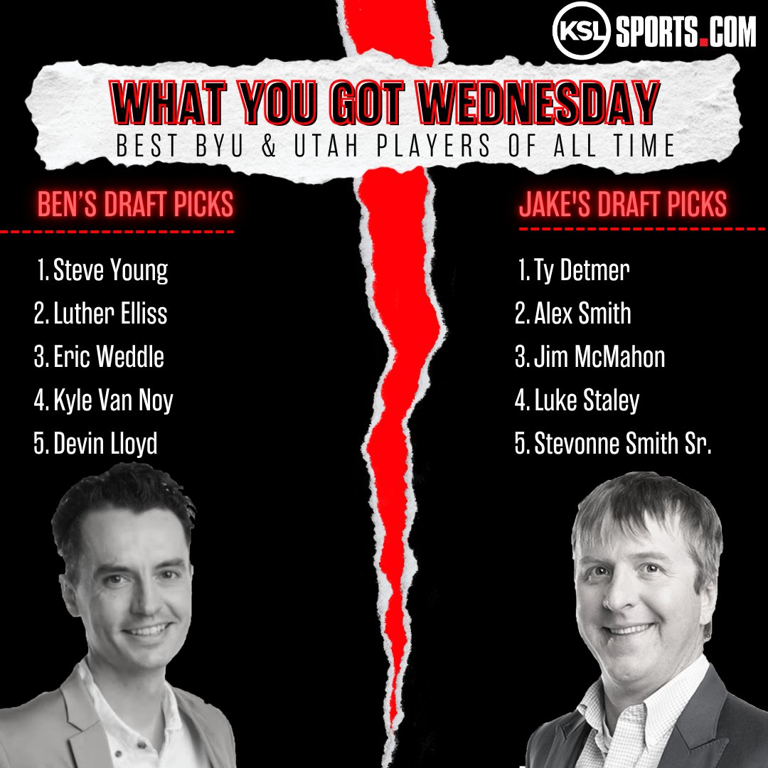 JakeAndBenKSL's tweet image. RIVALRY WEEK Edition of What You Got Wednesday with @JakeScottZone &amp;amp; @BensHoops Today they draft their Top 5:            
- Best BYU &amp;amp; Utah Players of All Time
- Best Red or blue Things

Drop a vote below for who you think has the best picks! And let us know who we missed ⬇️