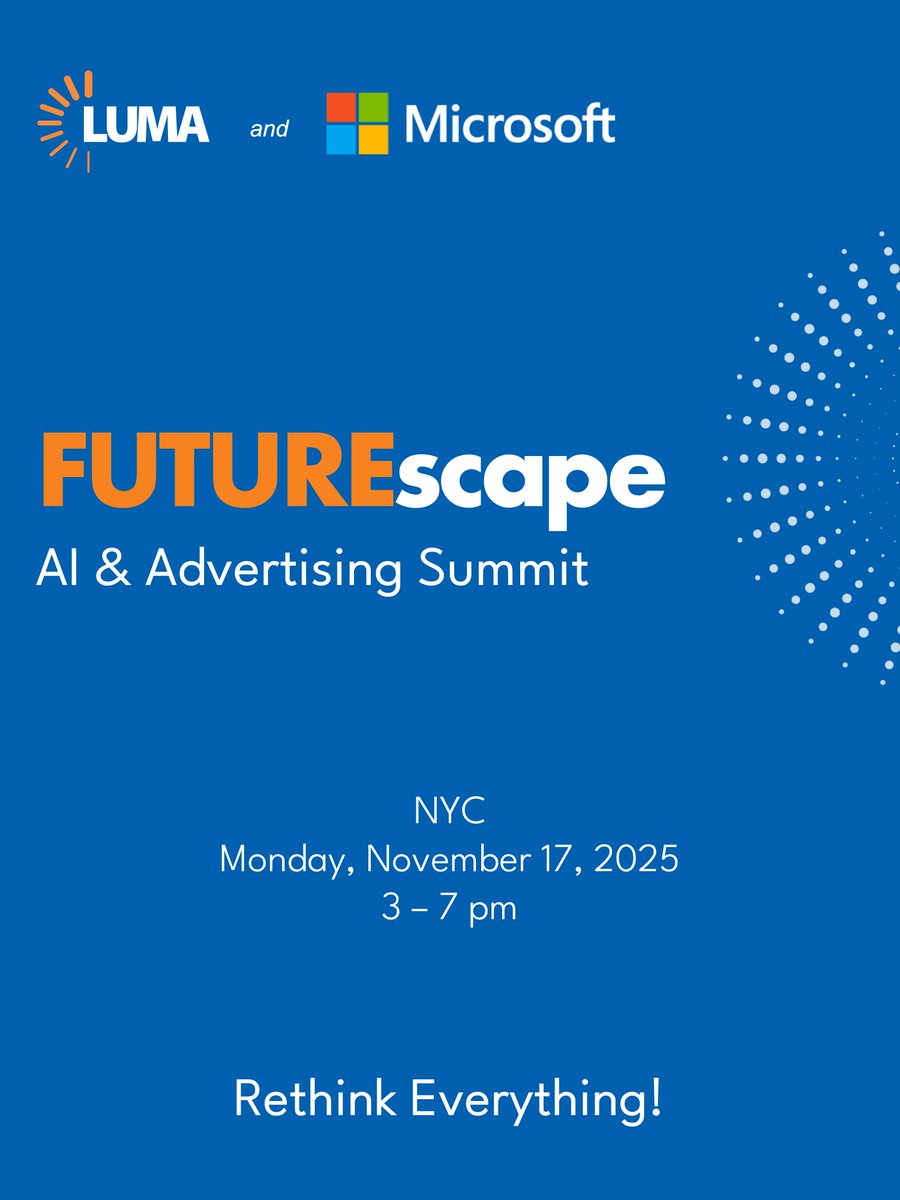 tkawaja's tweet photo. BREAKING: The AI LUMAscape debuts on Monday, November 17th at an exclusive event we are hosting with @Microsoft called FUTUREscape, designed for the sharpest minds at the intersection of AI and Advertising. The countdown is on! #rethinkeverything https://t.co/07Yj1qUICJ