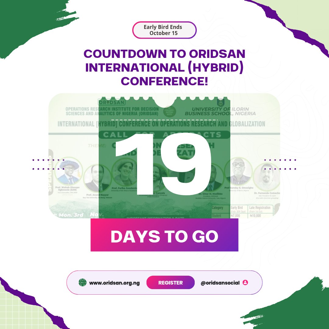oridsansocial's tweet photo. π 19 DAYS TO GO!
Lead Paper Presenter: Prof. Fariba Goodarzian (University of the West of Scotland, UK)
Learn from international OR experts!
Nov 3-6, 2025
Register: https://t.co/XNBLr52ny3
#ORIDSAN2025 #InternationalExpertise
#ORIDSAN https://t.co/Xt7mPTVjNg