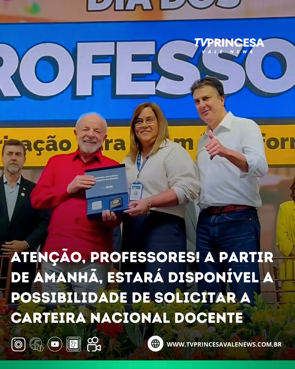 tv_princesa's tweet photo. ATENÇÃO, PROFESSORES! A PARTIR DE AMANHÃ, ESTARÁ DISPONÍVEL A POSSIBILIDADE DE SOLICITAR A CARTEIRA NACIONAL DOCENTE

Em evento do Dia do Professor, Lula destaca valorização da categoria. 

Leia mais https://t.co/XFqJv98sWk https://t.co/BOciqW55Ow