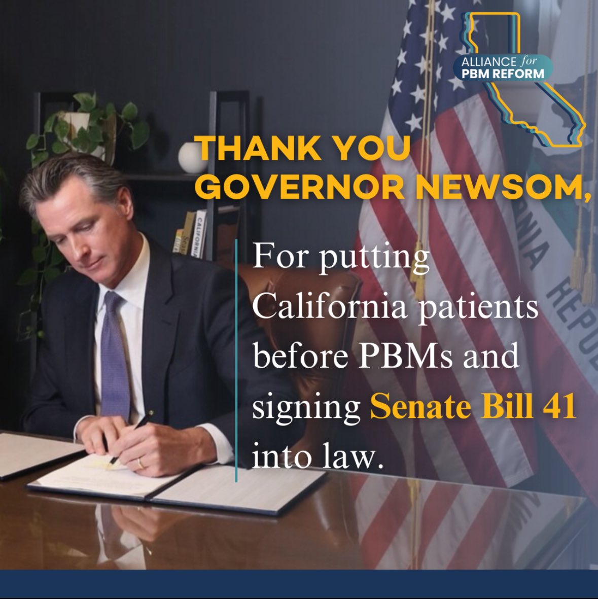 CAC_Updates's tweet image. Thank you, @CAGovernor, for signing #SB41 into California law! Your support has changed our state for the better, taking power from profit-hungry PBMs and protecting patients’ rights to affordable, accessible, medications.