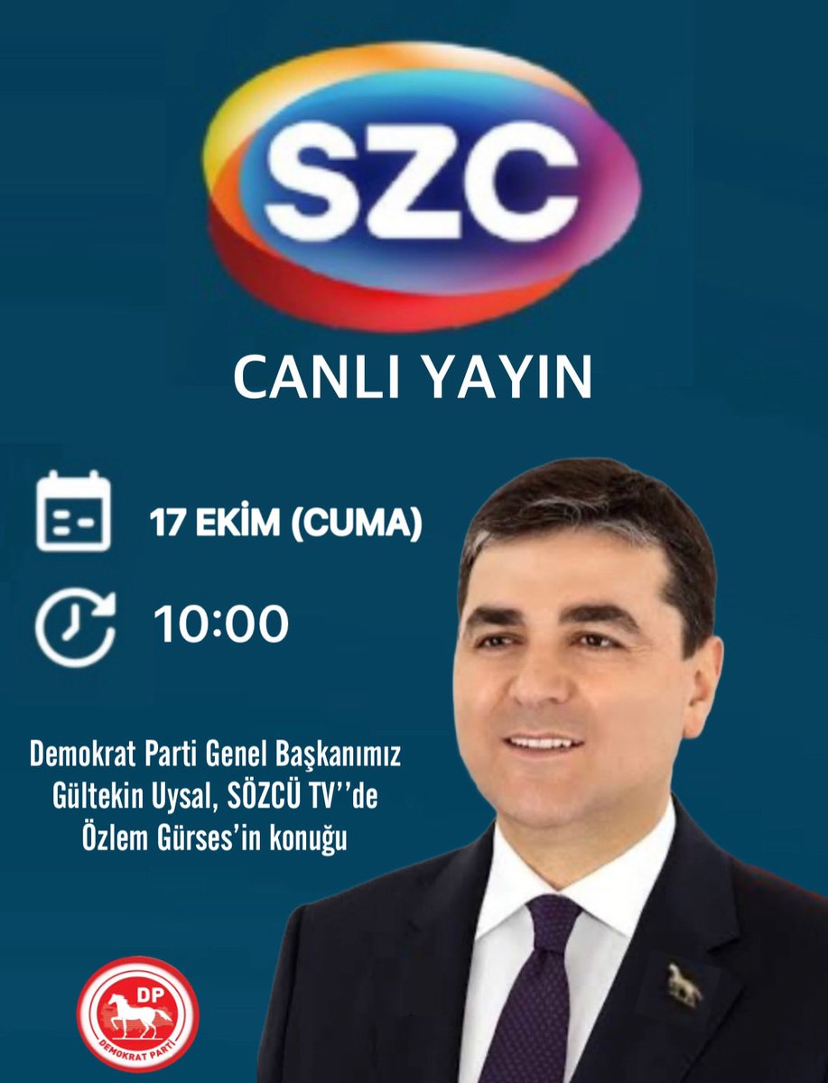 Demokrat Parti Genel Başkanımız Sn Gültekin Uysal, SÖZCÜ TV’’de Sn Özlem Gürses’in konuğu 

📅 17 Ekim (Cuma)
⏰ 10:00
📺 Sözcü TV

<a href="/DpGultekinUysal/">Gültekin Uysal</a> <a href="/szctelevizyonu/">SÖZCÜ Televizyonu</a> <a href="/OzlemGurses/">Özlem Gürses</a>