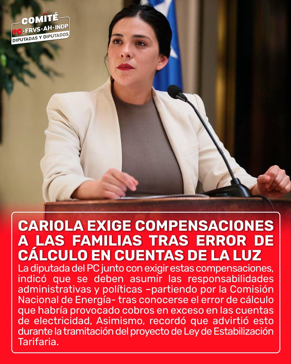 Comité PC - FRVS - AH Independientes (@bancadapc_frvs) on Twitter photo 🔴 La diputada del PC <a href="/KarolCariola/">Karol Cariola Oliva</a> exigió compensaciones para las familias tras conocerse el error de cálculo en las cuentas de la luz, además, indicó que se deben asumir las responsabilidades administrativas y políticas –partiendo por la Comisión Nacional de Energía. 🔴 La diputada del PC <a href="/KarolCariola/">Karol Cariola Oliva</a> exigió compensaciones para las familias tras conocerse el error de cálculo en las cuentas de la luz, además, indicó que se deben asumir las responsabilidades administrativas y políticas –partiendo por la Comisión Nacional de Energía.