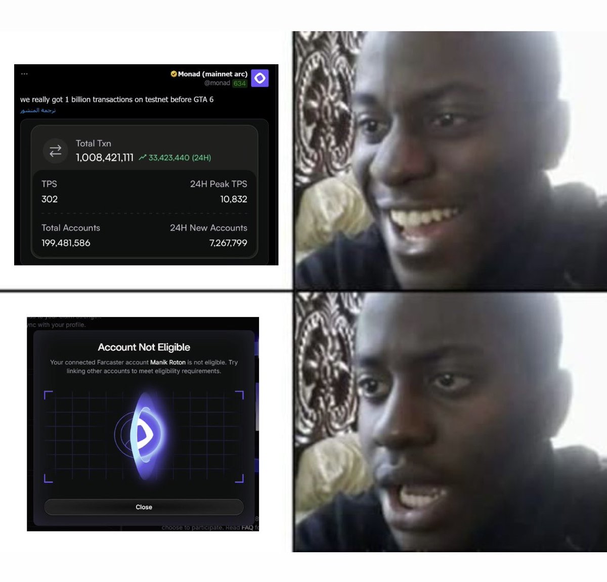 l0_97's tweet photo. Monad proudly celebrated reaching one billion transactions on its testnet , and rewarded its community by denying them an airdrop lol 😆😆😆

#MonadScam #Monad #MonadTestnet https://t.co/qeP2xGe160