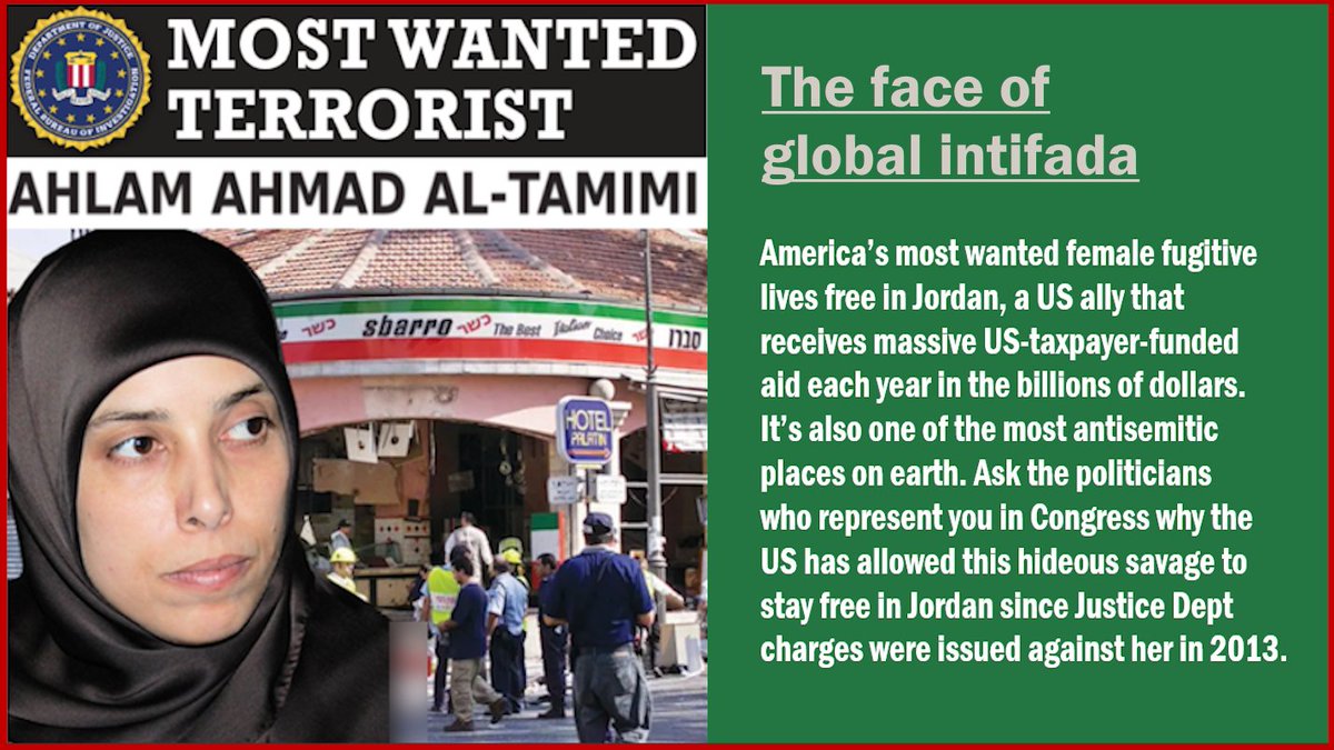 Incomprehensible! After a decade of pressing the US gov't, its highest officials, Congressional lawmakers, to get Jordan to hand over the <a href="/Sbarro/">Sbarro</a> bomber - my child's murderer - so she faces US justice, #AhlamTamimi remains free, the beneficiary of shocking Washington silence.